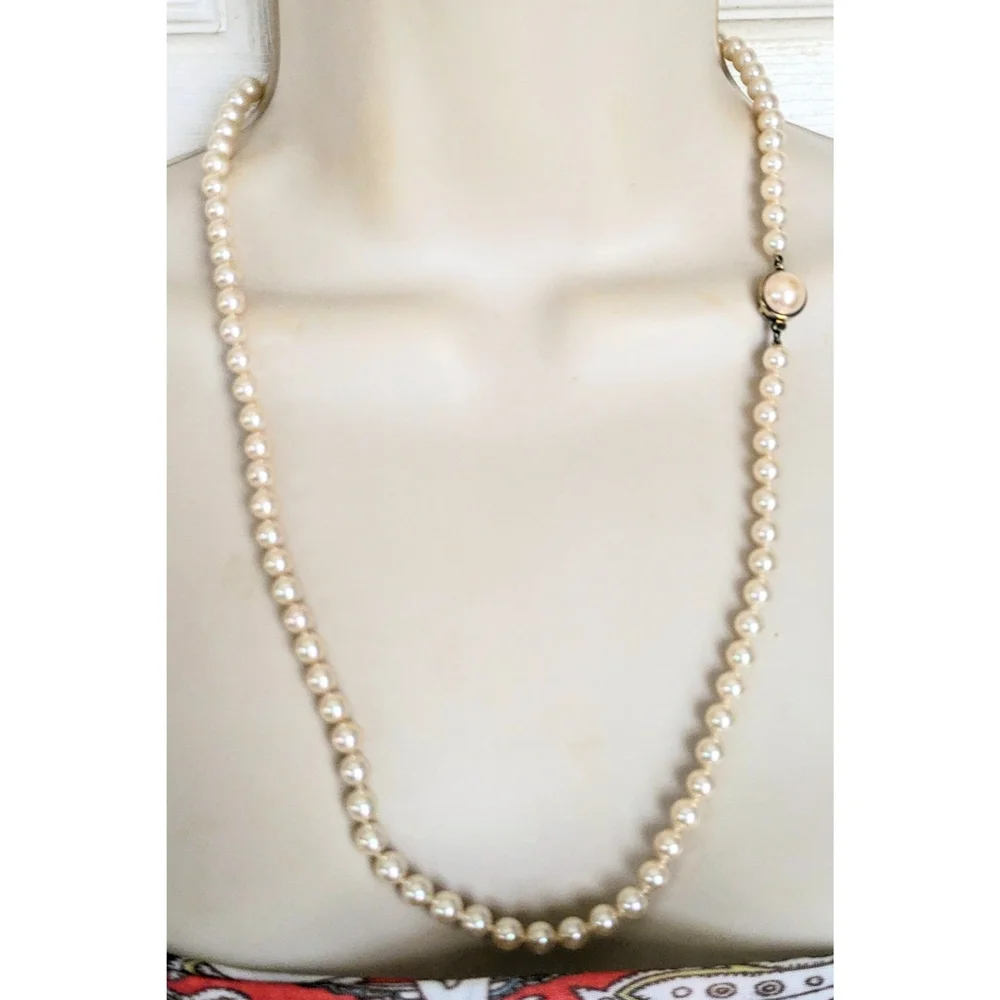Vintage Gold Over Sterling Silver Knotted Glass Pearl Necklace w Box Clasp 24